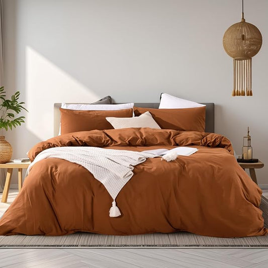 NEXHOME PRO Terracotta Burnt Orange Duvet Cover Set King Size Linen Textured Organic Natural 100% Washed Cotton Duvet Cover Fall Caramel 3 Pieces Bedding Set with Zipper Closure, Soft(No Comforter)
