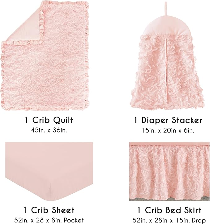 Sweet Jojo Designs 4-Piece Baby Crib Bedding Set (Blush Pink Floral Rose) for Girls, Infants/Nursery incl. Blanket, Fitted Sheet, Skirt, Diaper Stacker (Elegant, Princess, Luxury, Glam, Ruffle Roses)