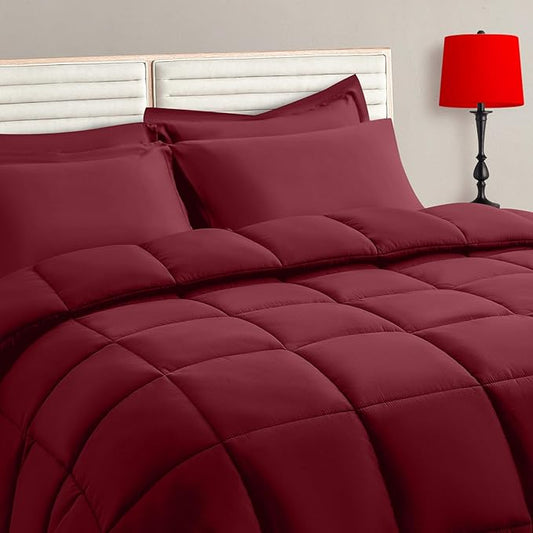 TAIMIT Burgandy Full Size Comforter Set - 7 Pieces, Bed in a Bag Bedding Sets with All Season Soft Quilted Warm Fluffy Reversible Comforter,Flat Sheet,Fitted Sheet,2 Pillow Shams,2 Pillowcases