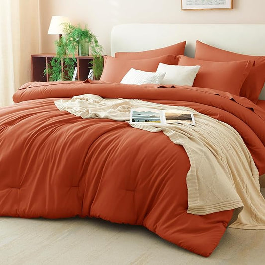CozyLux Full Comforter Set Burnt Orange, 7 Pieces Bed in a Bag Terracotta Comforter Set with Sheets, All Season Boho7PC Bed Sets with Comforter, Fitted Sheet, Flat Sheet, Pillow Shams and Pillowcases