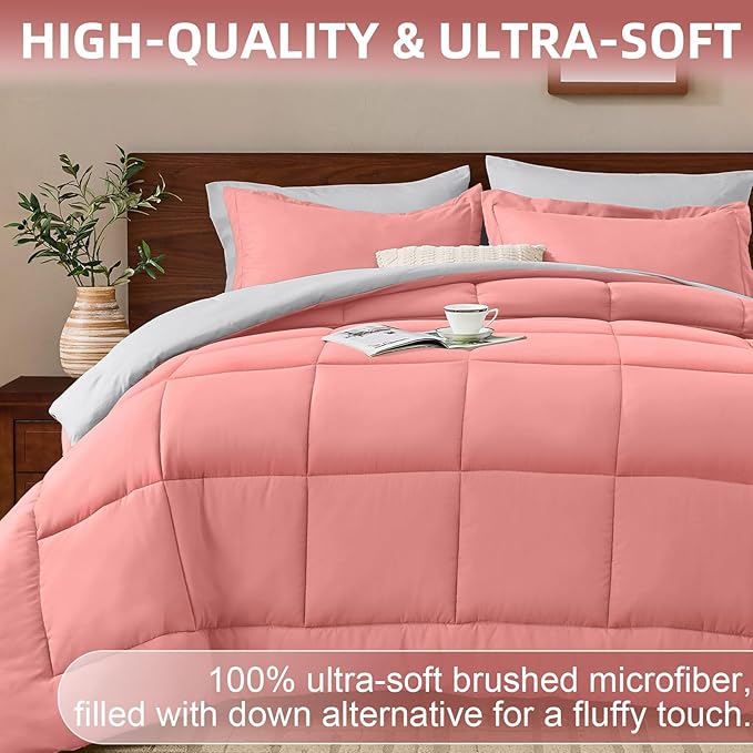 FUANNA Queen Comforter Set 7 Pieces, Reversible Bed in a Bag with All Season Soft Comforter, Bedding Sets Includes Comforter, Flat Sheet, Fitted Sheet, Pillowcases & Shams, Pink & Light Grey