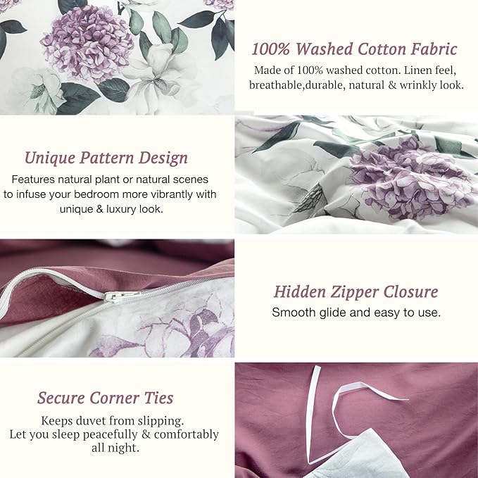 MILDLY 100% Washed Cotton Duvet Cover - Hydrangea Floral Comforter Cover Set Botanical Flower Pattern Bedding Set with Zipper Closure 4 Ties Full Size