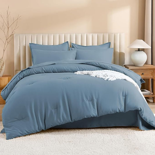 Litanika Comforter California King Size Set Grayish Blue - 7 Pieces Bed in a Bag California King Bedding Comforter Sets, Plain Lightweight Bed Set with Comforter, Sheets, Pillowcases & Shams