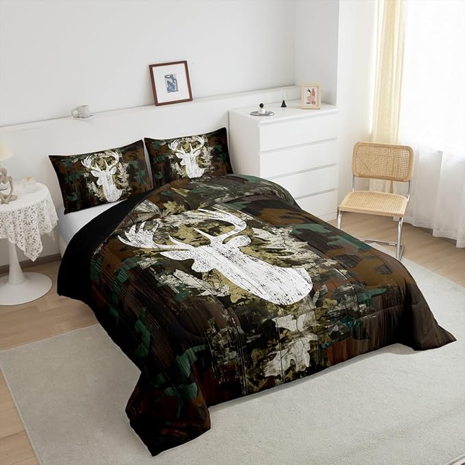 Feelyou Kids Camo Deer Bedding Set Twin Size, Deer Hunting Comforter Set Green Camo Comforter for Boys Girls Antlers Duvet Insert Microfiber Bed Set