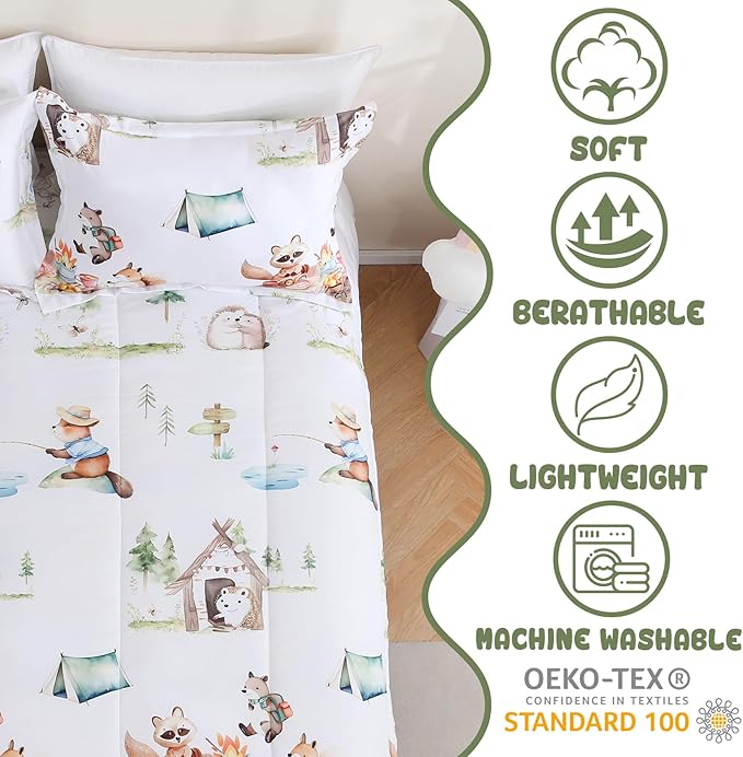 Yibeizi Camper Themed Comforter Set Full Size, Kids Woodland Animals Printed Bedding Set with Pillow Sham, Cute Lightweight Soft Breathable Machine Washable Quilted Bed Comforter Set 3 Piece