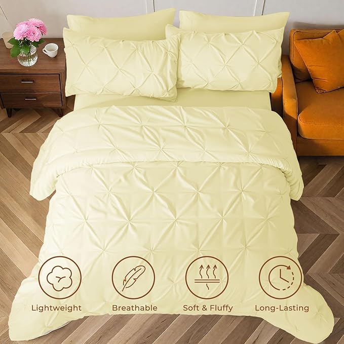 Sasttie Twin Comforter Set, 5-Piece Bed in a Bag, Pintuck Bedding Sets for All Season, Includes Comforter, Flat Sheet, Fitted Sheet, Pillowcase and Pillowsham, Cream Yellow