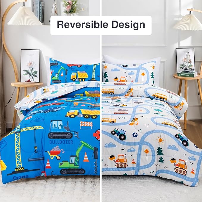 Holawakaka Trucks Excavator Cars Boy Bedding Comforter Set with Sheets, Full Size Cartoon Construction Car Tractor Print Kids Bed in A Bag 5-Piece, Boys Reversible Dorm Bed Sets (Blue Full)