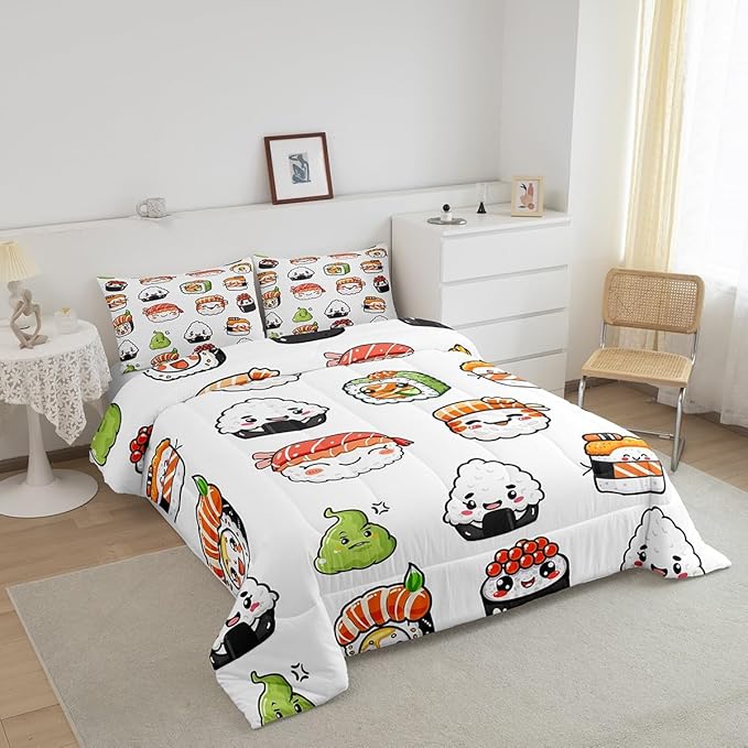 Feelyou Sushi Pattern Comforter Set Japanese-Style Bedding Set for Kids Boys Girls Teens Food Theme Comforter Cute Cartoon Japanese Sushi Duvet Set Room Decor Quilt Set Queen Size Microfiber