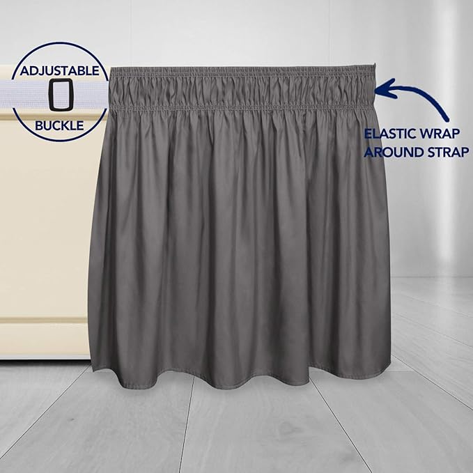 PureFit Wrap Around Ruffled Bed Skirt with Adjustable Elastic Belt - 22 Inch Drop Easy to Put On, Wrinkle Free Bedskirt Dust Ruffles, Bed Frame Cover for Twin,Twin XL and Full Size Beds, Dark Gray