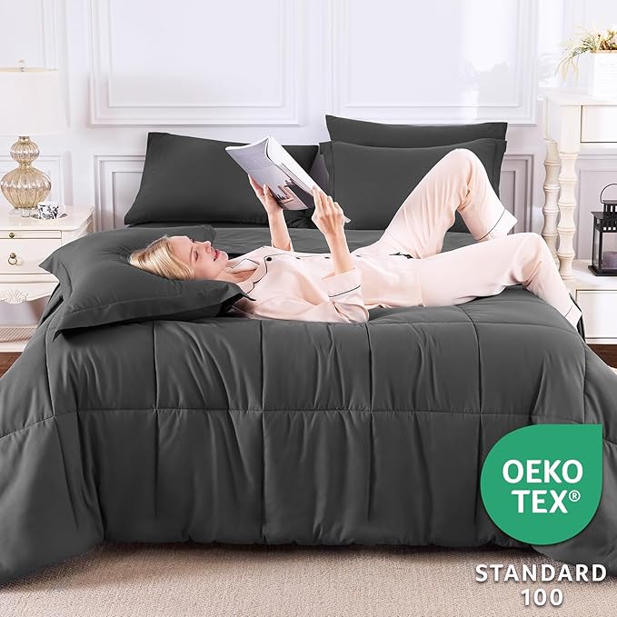 CozyLux Full Size Comforter Sets Dark Grey - 7 Pieces Bed in a Bag Full, Oeko-Tex Certified Bed Set, All Season Soft Bedding Set with Down Alternative Comforter, Sheets, Pillowcases & Pillow Shams