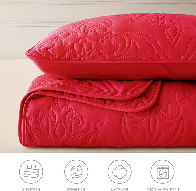 Whale Flotilla Soft Queen Quilt Bedding Set for All Seasons, Vintage Damask Ultrasonic Full Size Quilts Set, Lightweight Reversible Bedspread, Coverlet, Bed Cover with 2 Pillow Shams, Red