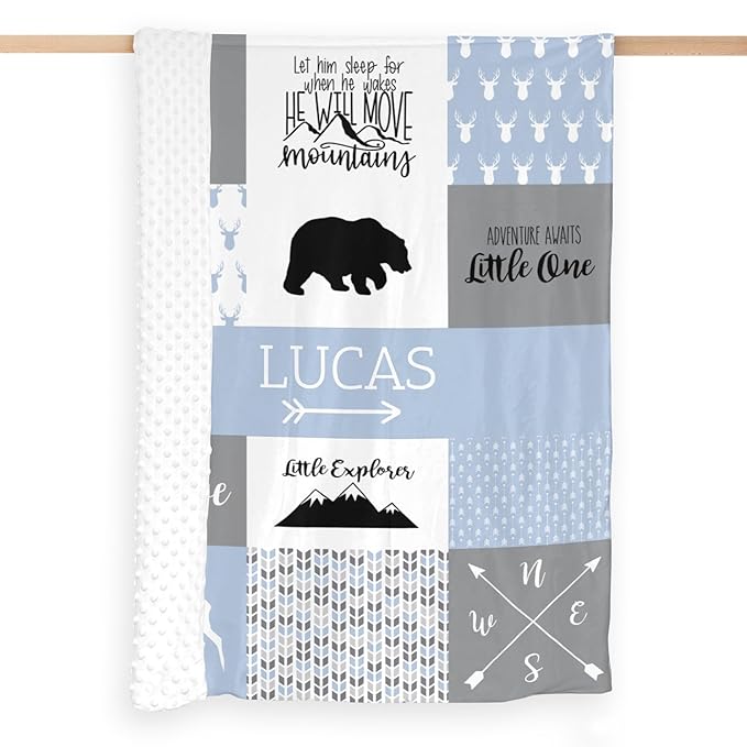 Personalized Baby Blanket, Woodland Baby Blankets for Boys, Super Soft Nursery Blankets with Cotton Front and Dotted Fleece Backing, Printed Bed Throws Newborn, Ashley Blue