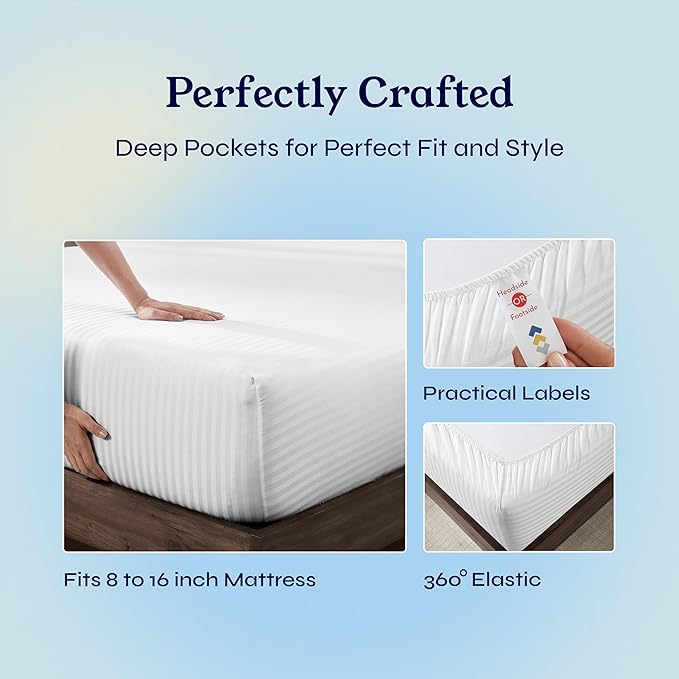 California Design Den Striped Queen Sheet Set - Soft 400 Thread Count Sateen, Natural 100% Cotton Sheets with Deep Pockets, and Durable Bedding Set - Striped White