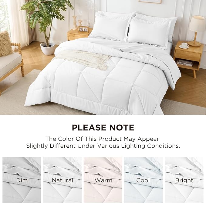 7 Pieces White Comforter Queen Set- Utral Soft Microfiber Bedding Set, Thick Duvet Insert Bed in a Bag Without Rustling Noise for All Season, 88"x88"