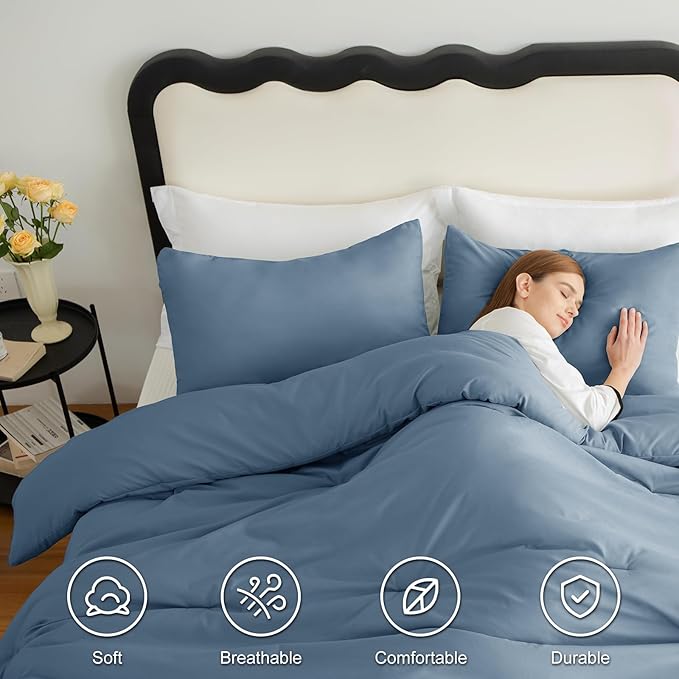 CozyLux California King Comforter Set Grayish Blue, 3 Pieces Cal King Solid Breathable Quilted Bedding Sets, Luxury Soft Bed Set with Down Alternative Comforter and 2 Pillowcases for All Season