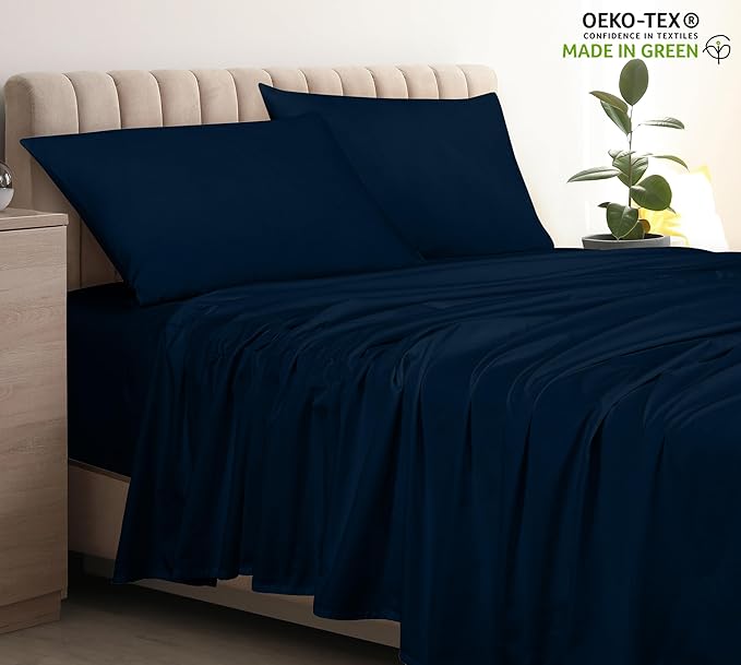 Royale Linen 400 Thread Count 100% American Grown Cotton Flat Sheet - Cooling Sheets - Full Sheets - Luxury Sateen Weave - Full Flat Sheet Sold Separately - Navy Flat Sheet Only (Full, Rivera Navy)