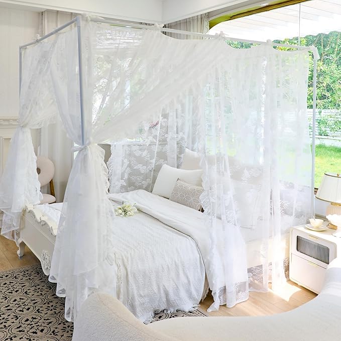 AIKASY Elegant Lace Princess 4-Poster Bed Canopy Mosquito Net - Romantic Wedding Bridal Bedroom Decor, Kids Room Bed Curtain for Women Adults - (White-4,Full)