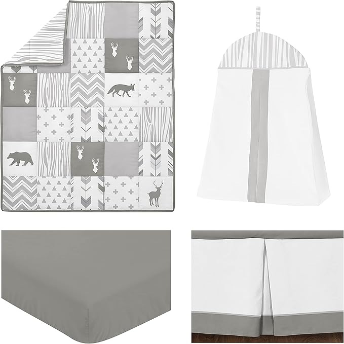 Sweet Jojo Designs Grey and White Woodsy Deer Boy, Girl, Unisex Baby Crib Bedding Set 4 Pieces
