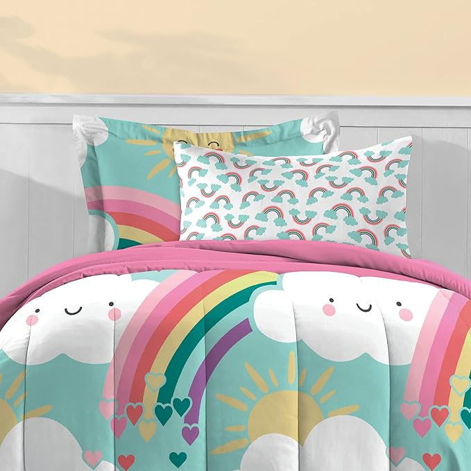 Dream Factory Kids 7-Piece Complete Bed Set Easy-Wash Super Soft Microfiber Comforter Bedding, Full, Teal Rainbow Flare, (2D872502TE)