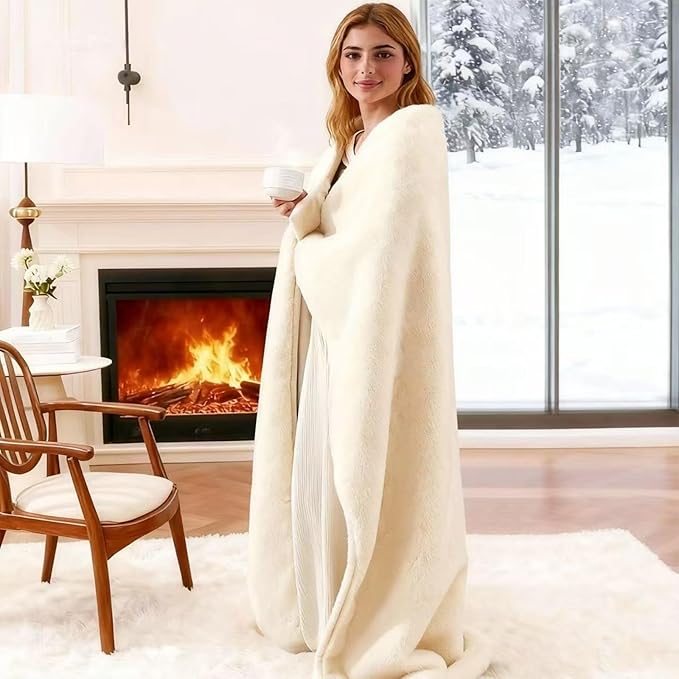 Faux Rabbit Fur Throw Blanket 880 GSM,Ultra Soft Thick Warm Bubble Plush, Reversible Throw for Couch Sofa Bed, Cozy Shaggy Blanket for Bedroom & Living Room(50"x60",White)