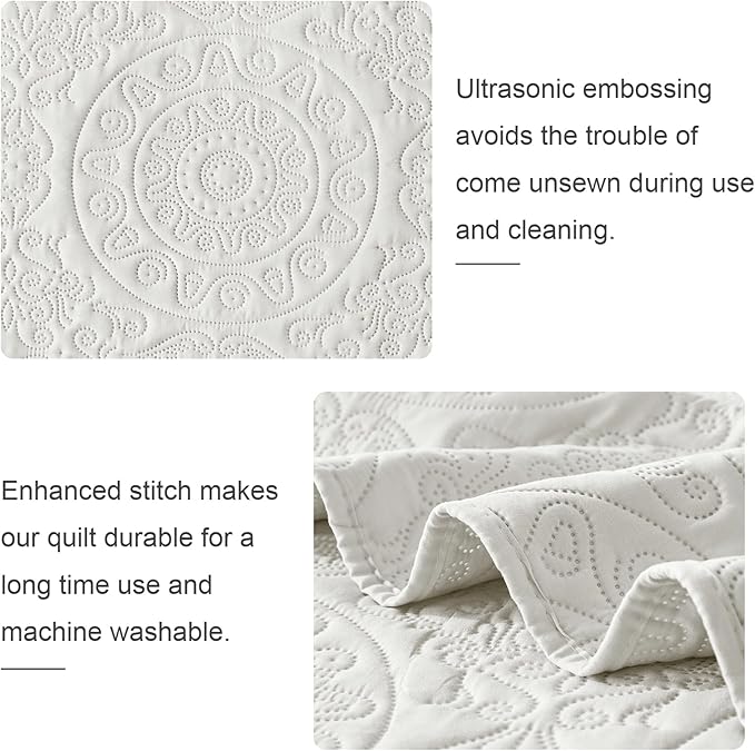 WURUIBO Cream Quilt Set Queen Size, Embossing Microfiber Full Bedspreads with Pillow Sham, Ligthweight Breathable Thin Coverlet, Reversible Bedding Set for All Season (1 Quilt, 2 Pillow Shams)