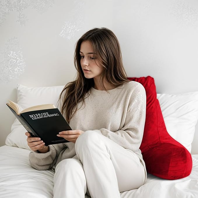 Reading Pillow for Sitting in Bed Adult, Reading Pillow with Shredded Memory Foam, Bed Pillow with Washable Cover, Back Pillow Sitting Up with Extend Arms, Red, X-Large