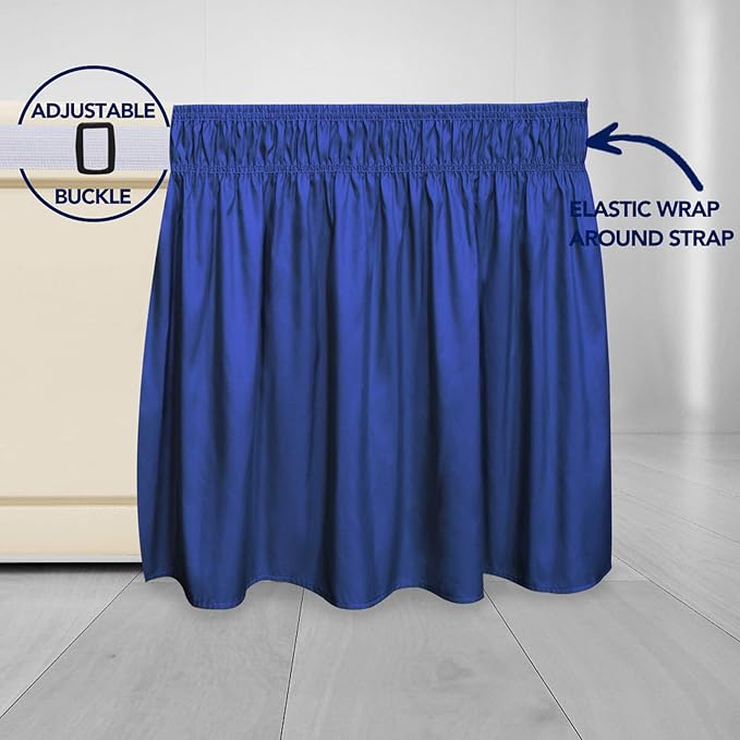 PureFit Wrap Around Ruffled Bed Skirt with Adjustable Elastic Belt - 14 Inch Drop Easy to Put On, Wrinkle Free Bedskirt Dust Ruffles, Bed Frame Cover for Queen, King and C-King Size Bed, Classic Blue