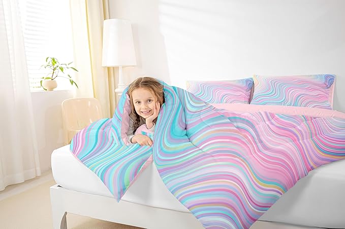 Feelyou Girls Pink Comforter Set Twin Size Kids Rainbow Stripe Bedding Set for Boys Teens Women Die Tye Comforter Breathable Geometric Duvet Princess Decor Quilt,1 Comforter with 1 Pillowcase