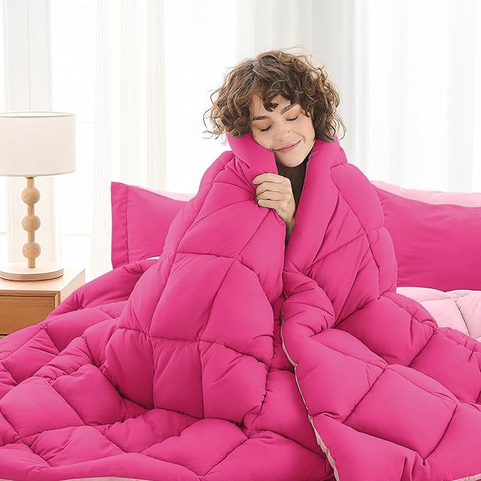 MUXHOMO 7 Pieces California King Comforter Set, Reversible Bed in a Bag Cal King Size, All Season Bedding Set with Comforter, Flat Sheet, Fitted Sheet, Pillowcases & Shams, Hot Pink & Baby Pink
