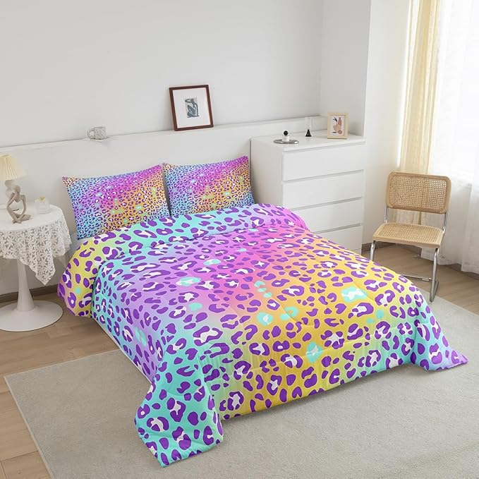 Girls Colorful Leopard Comforter Women Cheetah Print Bedding Set Girly Modern Leopard Print Comforter Set for All Seasons Kids Boys Safari Animal Print Quilt Duvet Set Room Decor Twin Size Boys