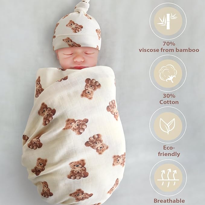LifeTree Muslin Swaddle Blankets, Muslin Baby Swaddle Blanket and Hat Set with Birth Announcement Card, Newborn Unisex Receiving Blankets Bear Pattern
