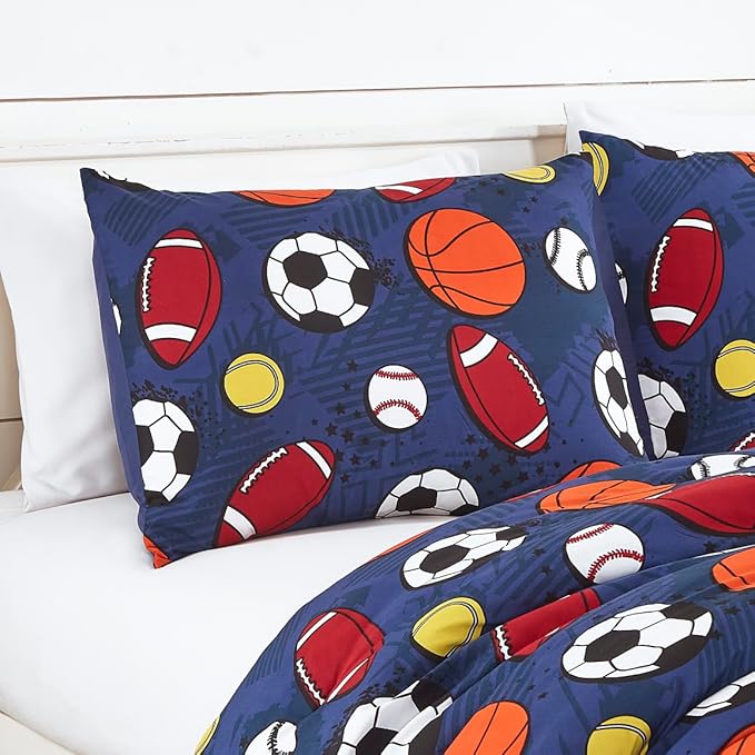 Chezmoi Collection 3-Piece Kids Sports Balls Bedding Comforter Set Twin Size - Soft Microfiber Navy Blue Gray Orange White Printed Football Soccer Basketball Baseball Tennis Sports for Kids/Teens