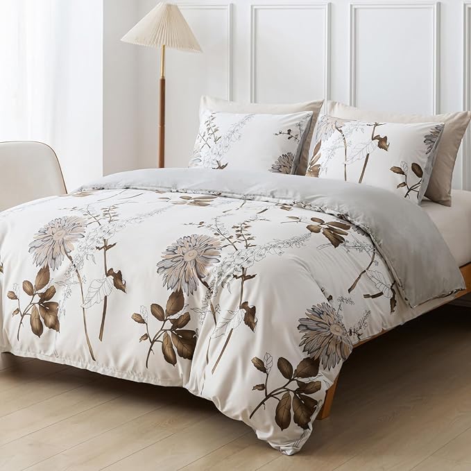 Lekesky Duvet Cover Queen Size, Reversible Dahlia Floral Duvet Cover Set, Soft Microfiber Off White Bedding Duvet Cover Sets with Zipper Closure (1 Duvet Cover 90"x90", 2 Pillowcases 20"x26")