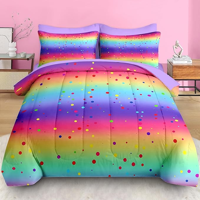 Comforter Set Full Size, Cute Rainbow Polka Dot 7 Pcs Bedding for Kids and Adults, Colorful Glitter Bed Sheet Sets with Fitted Sheet 2 Pillowcases & 2 Shams for Bedroom Bed Decor