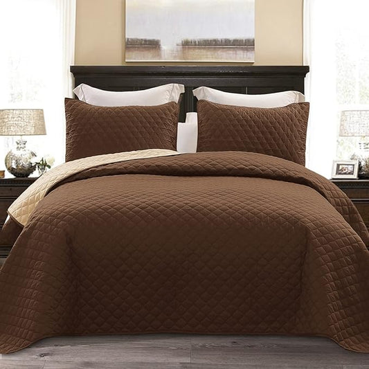 Exclusivo Mezcla Reversible King Size Quilt Bedding Set with Pillow Shams, Lightweight Quilts King Size, Soft Bedspreads Bed Coverlets for All Seasons - (Chocolate Brown, 104"x96")