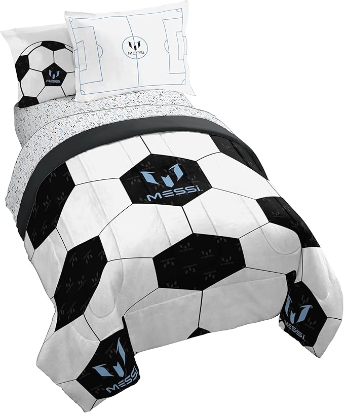 Jay Franco Kids Comforter Set Includes Sheets and Pillow Cover - Soft and Cozy Bed Set for Stylish Room Décor, White - Lionel Messi, 7 Piece Full