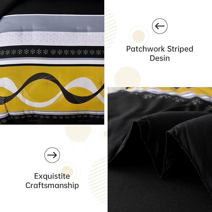 Anibedding Yellow Black Comforter Set Queen Size,8 Pieces Bed in a Bag Patchwork Striped Bedding Sets,Boho Soft Microfiber Bedding Set for All Season(90"×90")