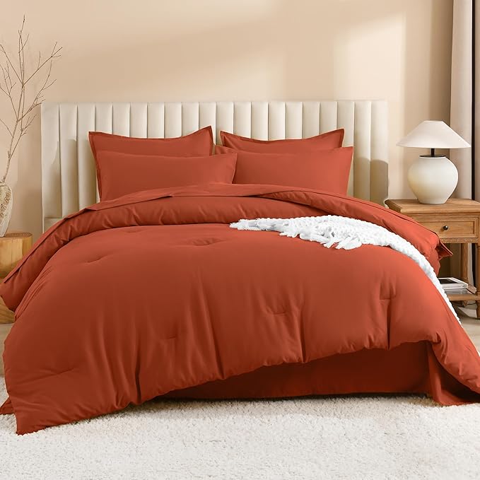 Litanika Oversized Queen Size Comforter Set Burnt Orange - 7 Pieces Bed in a Bag Oversized Beddding Sets, Solid Lightweight Bed Set with Comforter, Sheets, Pillowcases & Shams
