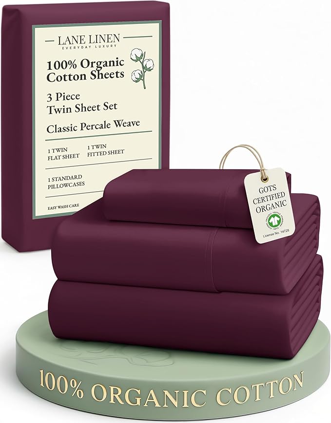 LANE LINEN Sustainably Produced 100% Organic Cotton Twin Bed Sheet Set, Soft & Breathable Naturally Cool Temperature Regulating Twin Sheet Set, Low Pilling Fade Resistant Bed Sheets- Windsor Wine