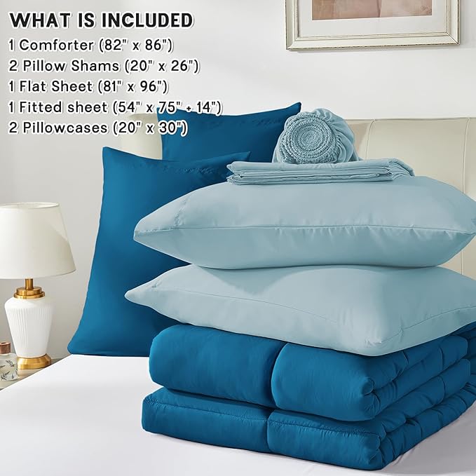 Anluoer Full Comforter Set,Teal&Light Blue Bed in a Bag 7 Piece,Lightweight Bedding Set with Soft Down Alternative Fill,Bed Set Includes Comforter, Fitted Sheet, Flat Sheet,Pillowcases and Shams