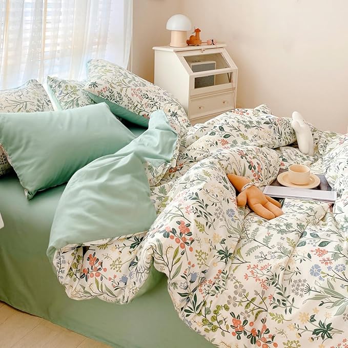 HighBuy Girl Peach Green Flower Duvet Cover Full Soft Cotton Botanical Floral Bedding Set Full Green Garden Cottagecore Comforter Cover with 2 Pillowcases Teen Bedding Sets Ultra Soft
