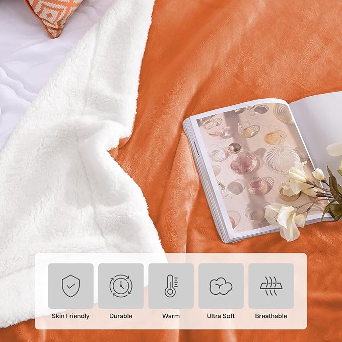 MOONLIGHT20015 Rust Sherpa Fleece Throw Blanket for Bed - Wholesale Bulk Pack of 16 Sherpa Blankets - Soft Fluffy Throw Blankets for Hotels, Guest Bedroom, 50x60 Inches