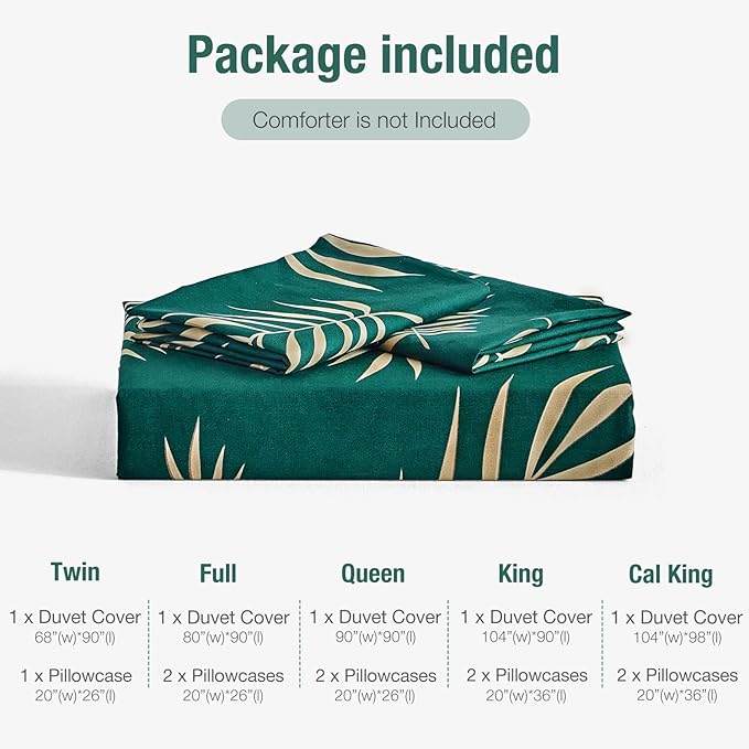 Lekesky King Duvet Cover Set, Green and Gold Tropical Palm Leaf Pattern Comforter Cover King Size, 3 Pieces Soft Microfiber Bedding Sets with Zipper & 2 Pillowcases, Comforter Not Included