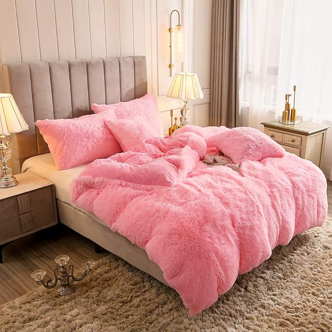 Uhamho Faux Fur Velvet Fluffy Bedding Duvet Cover Set Down Comforter Quilt Cover with Pillow Sham, Ultra Soft Warm (Twin, Pink)