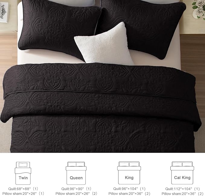 Whale Flotilla Soft Twin Quilt Bedding Set for All Seasons, Elegant Vintage Damask Ultrasonic Quilts Set, Lightweight Reversible Bedspread, Coverlet, Bed Cover with 1 Pillow Sham, Black