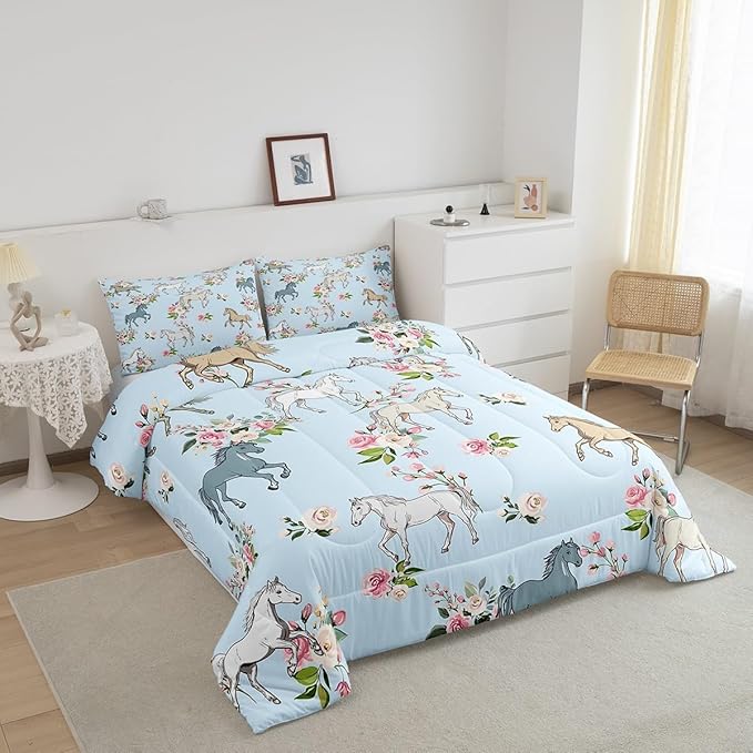 Horse Quilt Full Size, Farmhouse Western Cowboy Cowgirls Duvet Insert for Kids Boys Girls Teens, Cartoon Kawaii Horse Bedding Set, Rustic Rose Floral Comforter Set + 2 Pillow Cases