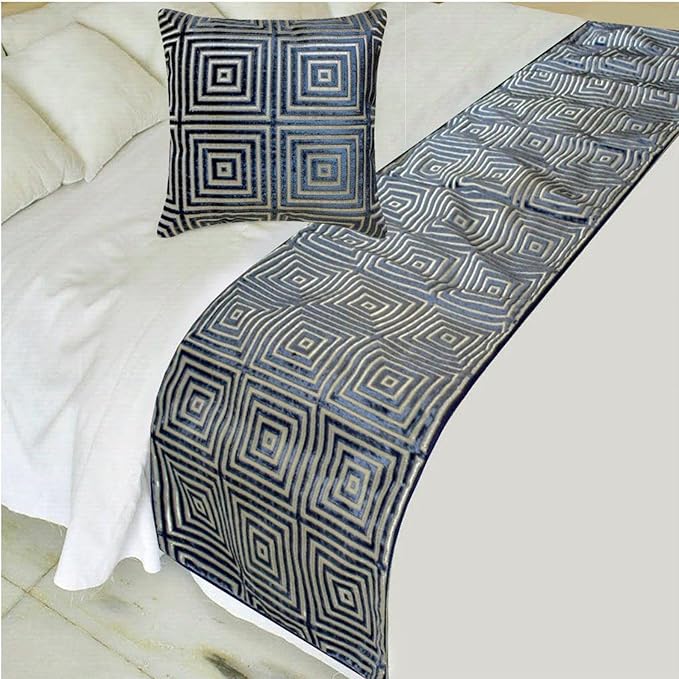 The HomeCentric Blue Bed Runner for King/Queen/Twin Velvet Decorative Bed Scarf 53"x18" Bed Runner Without Pillow Cover, Geometric Bed Scarf Bedroom Décor Accent - Sapphire Mirage