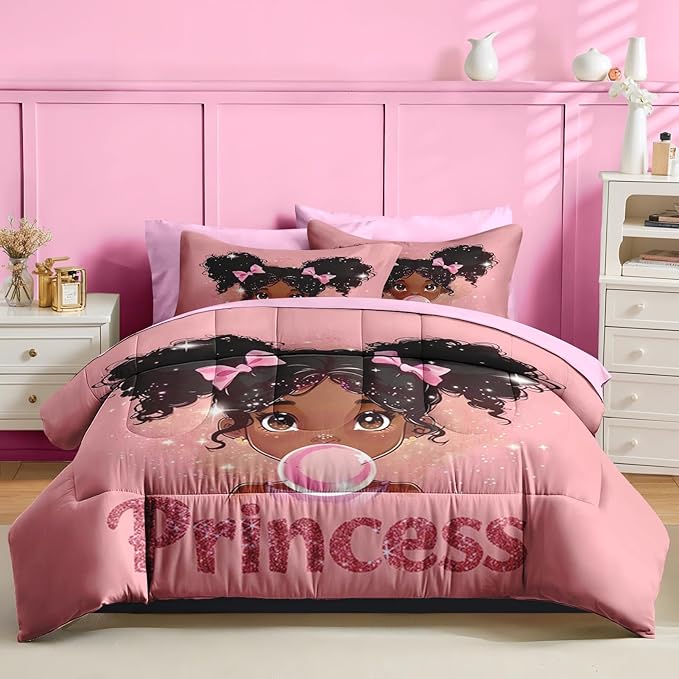 Nesker 5 Pcs Comforter Set Twin Size, African American Princess Bubbles Bedding for Kids Teen, Pink Black Girl Bed Sheet with Pillowcase & Sham