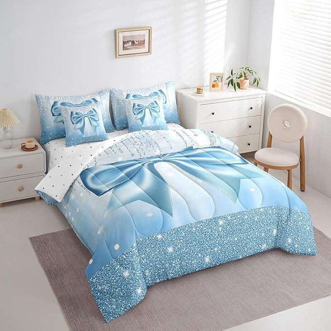 Feelyou Kids Cute Bowknot 7 Pieces Bedding Set Full Size, Dreamy Princess Comforter Set with Sheets Boys Girls Glitter Bed in A Bag Blue Bow Teens Bed Set Bedroom Decor 7Pcs