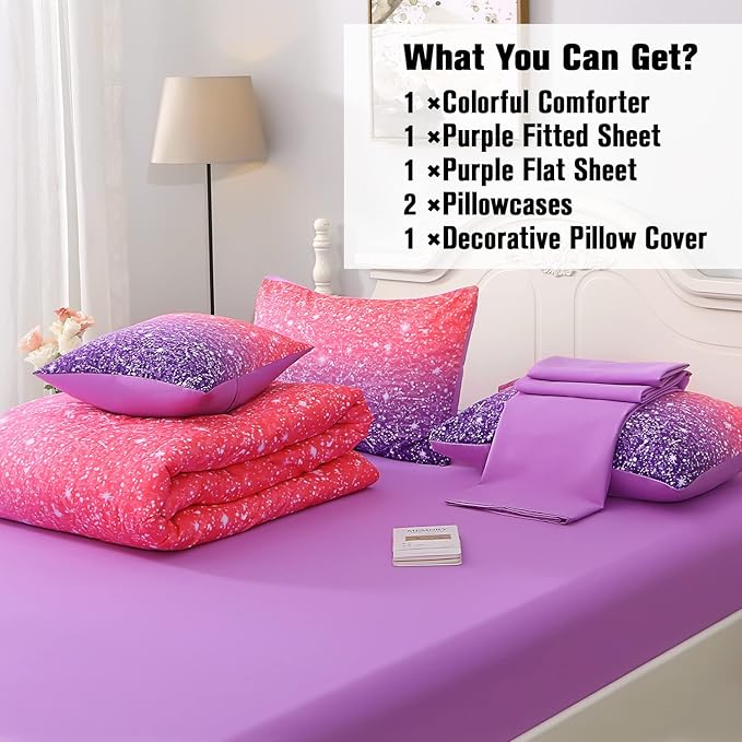 JQinHome Twin Pink Purple Comforter Set, 6 Piece Bed in A Bag 3D Colorful Bedding Set for Girls Kids (1 Comforter,2 Pillowcases,1 Flat Sheet,1 Fitted Sheet,1 Cushion Cover)(Pink Purple)